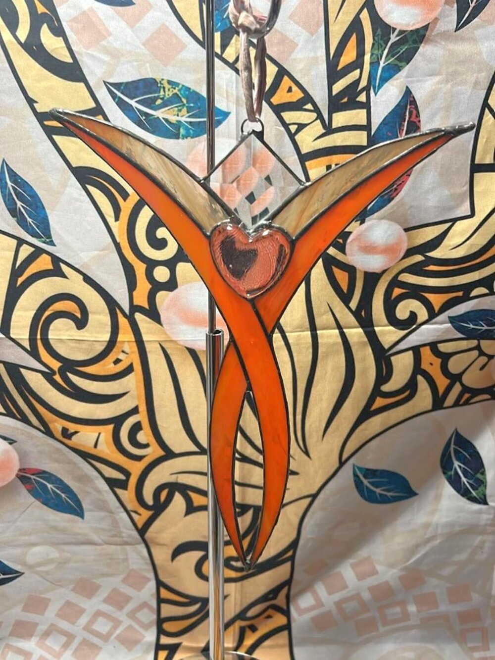 Handmade Stained Glass Guardian Angel • Orange Wings & Red Heart • 12”
